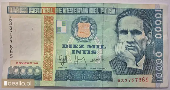[eLicytacje] I licytacja - Banknot 10 000 intis peruwiańskich - 1988 r  - DEALLO.PL